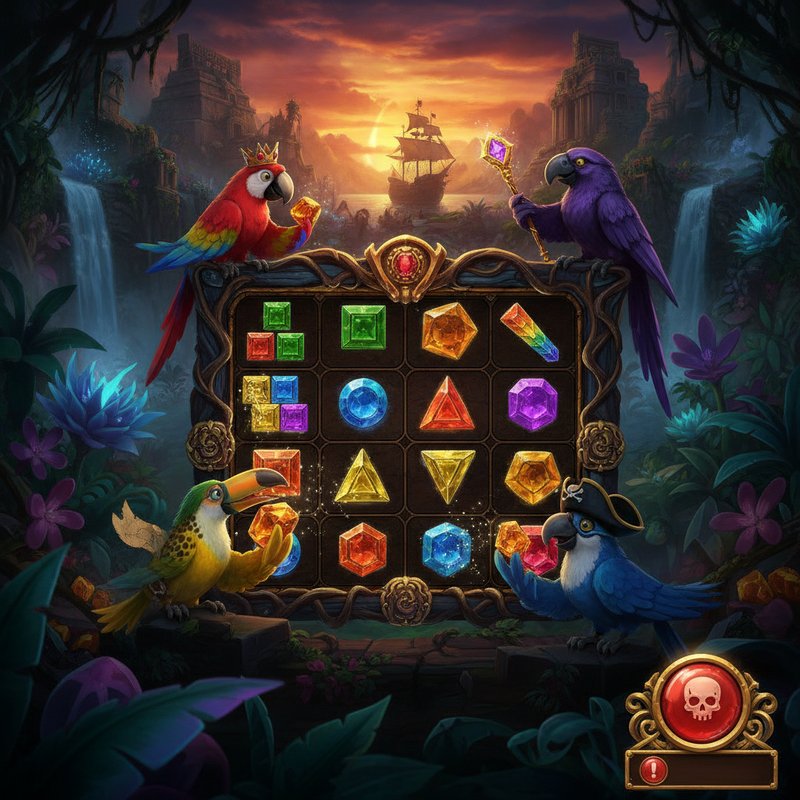 PIROTS 2 slot machine con quattro uccelli collezionisti colorati (rosso con corona, viola con scettro, giallo-verde maculato, blu con cappello) su griglia di gioco 6x6 con simboli ambra brillanti, gemme colorate a 7 livelli, bottone rosso DON'T PRESS e sfondo giungla preistorica