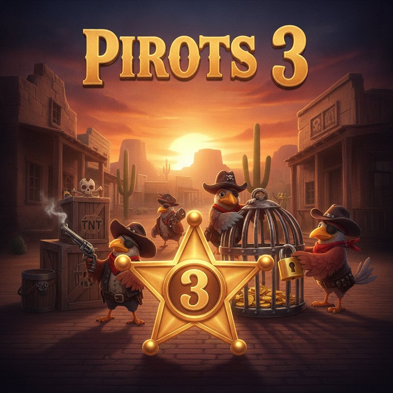 PIROTS 3 slot game con uccelli pirati banditi nel selvaggio West, stella di sceriffo dorata con numero 3, città western al tramonto con edifici MARSHAL e BANK, cactus saguaro, casse di dinamite TNT, tema rapina al treno con gabbia di metallo e lucchetto dorato