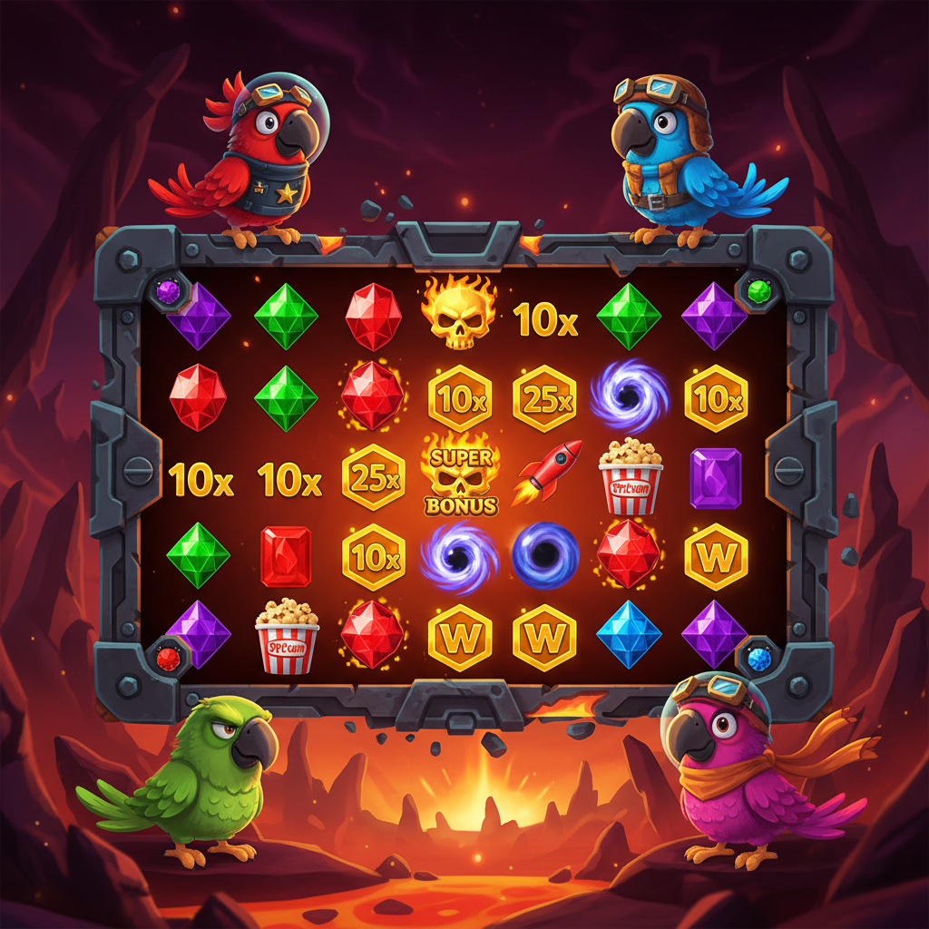 Pirots 4 slot game di ELK Studios con quattro pappagalli pirati spaziali colorati - rosso, verde, blu e viola - su una stazione spaziale metallica con gemme scintillanti, simboli bonus teschio dorato, Wild dorate e sfondo alieno vulcanico