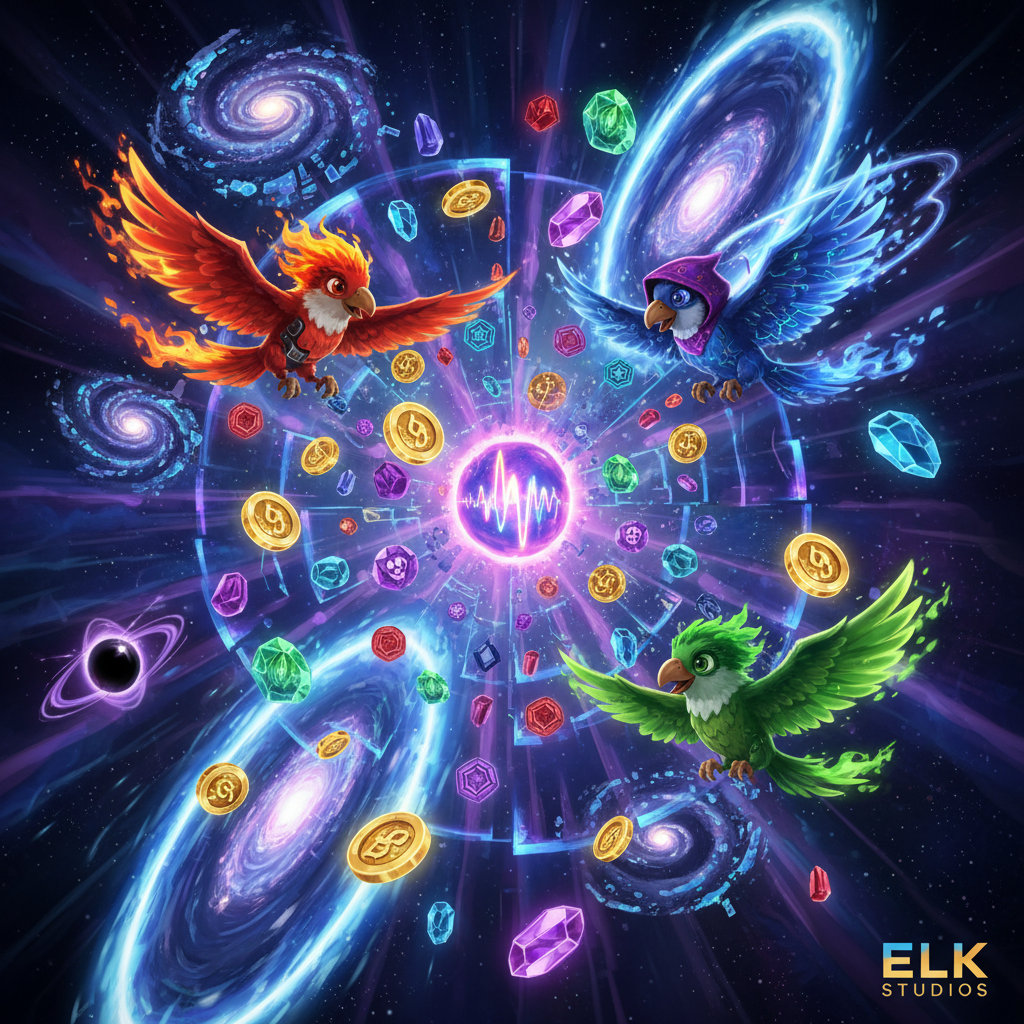 Pirots 5 - The Rift of Eternity slot game: quattro uccelli crono (rosso, viola, verde, blu) in volo attraverso una fenditura dimensionale con galassie collassanti, cristalli evolutivi e portali temporali sullo sfondo cosmico