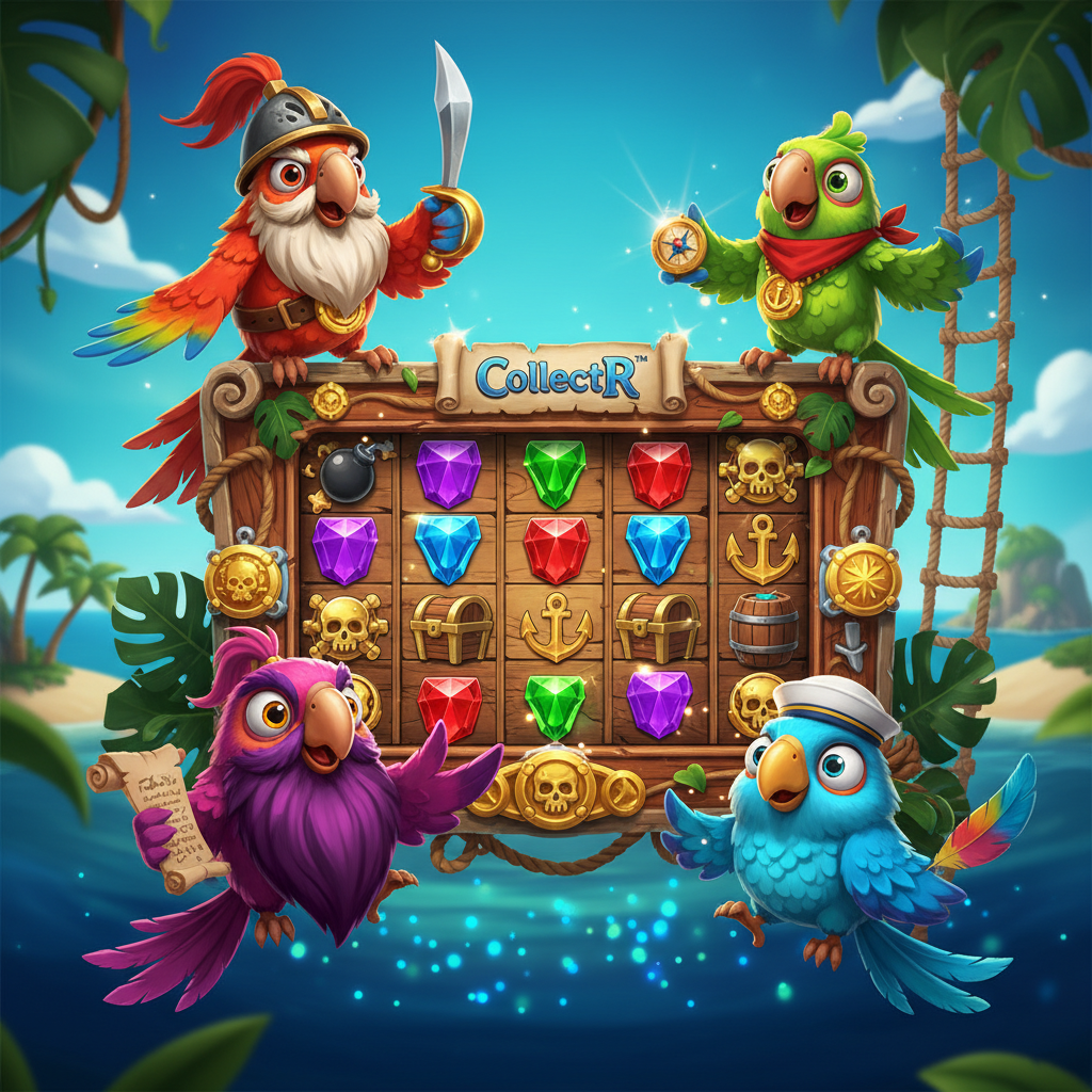 Pirots slot machine con quattro pappagalli pirati colorati - rosso guerriero con elmo, verde capitano con medaglione, viola saggio con barba, blu marinaio - su sfondo tropicale con cristalli e simboli tesoro dorato