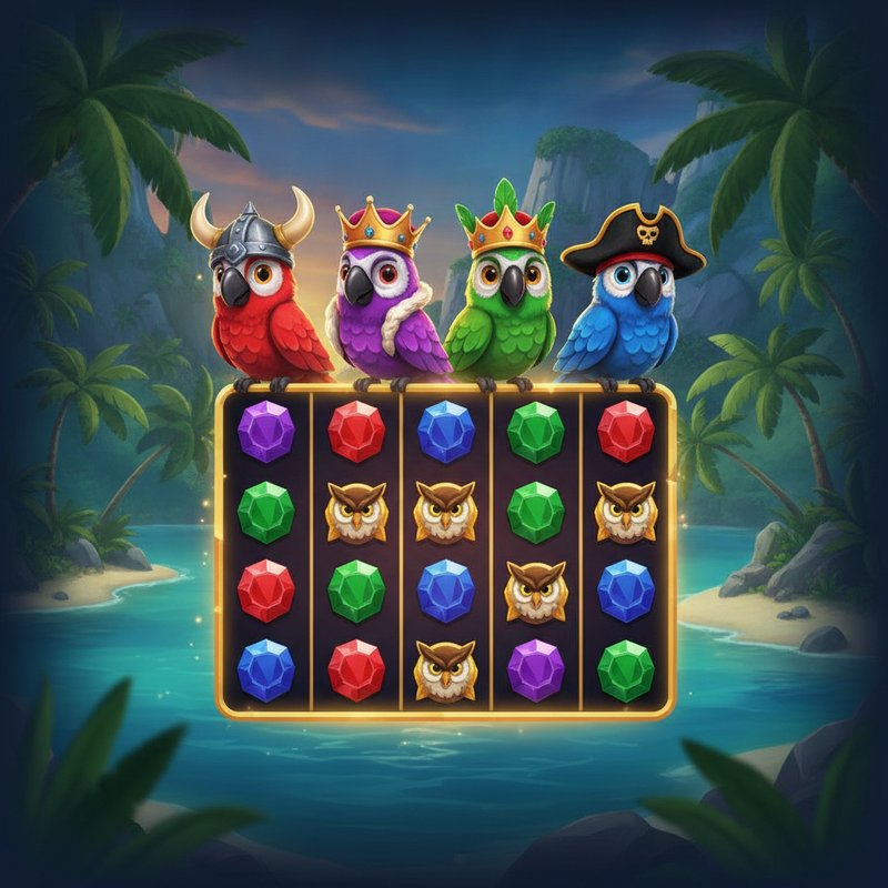 Pirots X slot machine di ELK Studios con quattro pappagalli pirati colorati - rosso con elmo vichingo, viola con corona, verde con corona e blu con cappello - arroccati sopra la griglia di gioco 5x5 con simboli di gufi e gemme su sfondo di isola tropicale con scogliere rocciose e laguna turchese